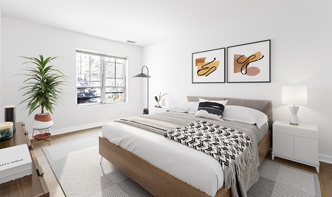 bright windows in furnished bedroom